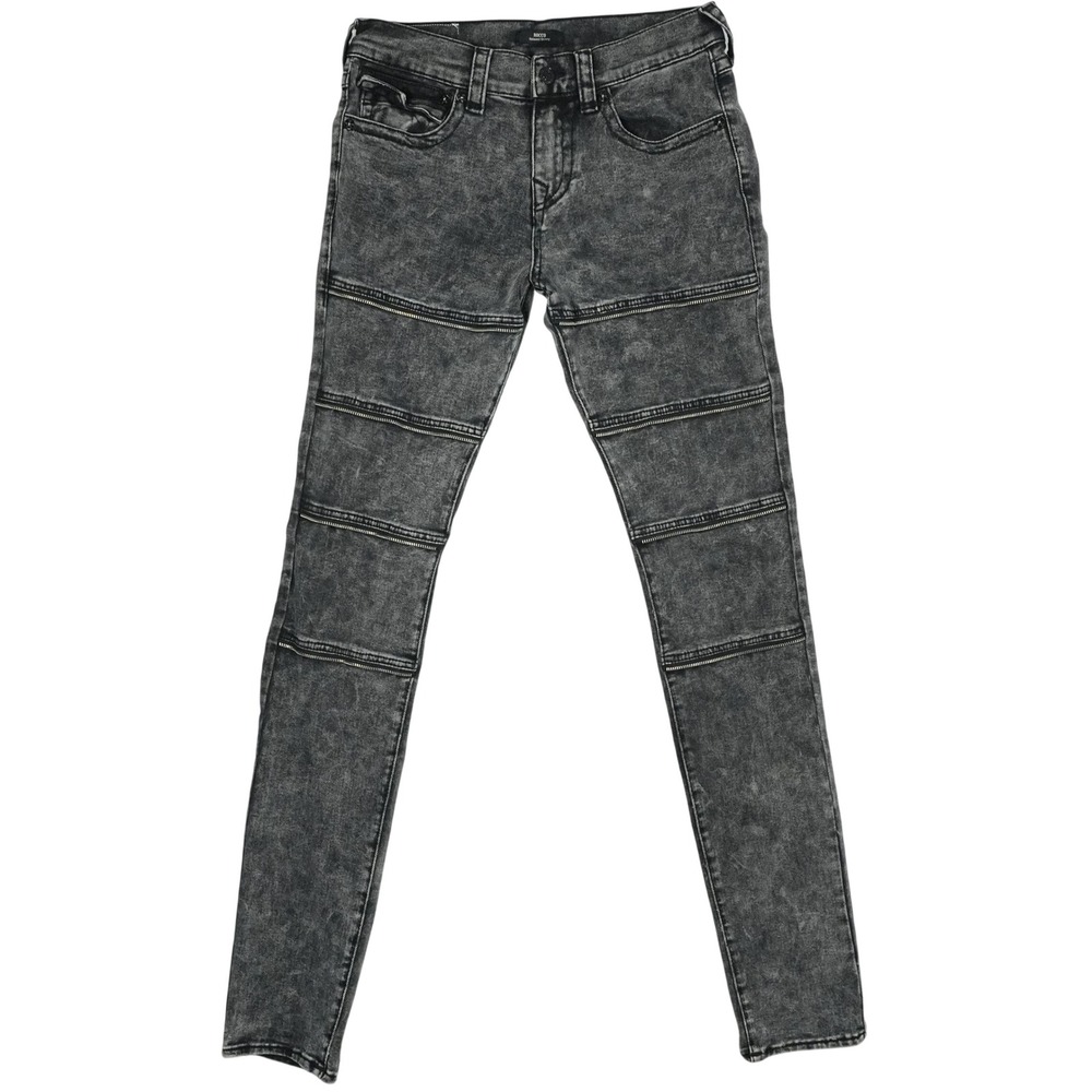 True Religion Rocco Stacked Skinny Jean 33x40 Tall Gray Moto Zip Grunge Punk Y2K